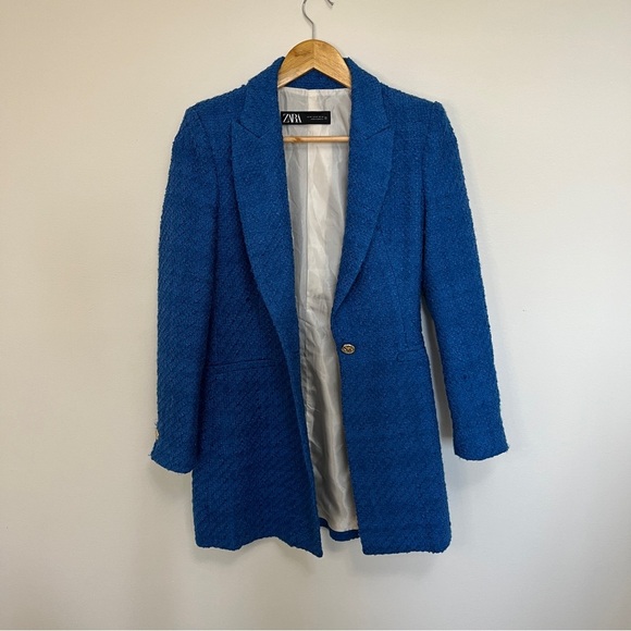 Zara Longline Blue Blazer Tweed Size XS - Picture 6 of 7